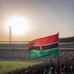 A vibrant and bustling stadium in Kenya, filled with cheering crowds. The sun setting behind it creates a dramatic silhouette, and the national flag of Kenya waves proudly in the breeze.