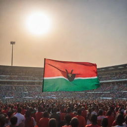 A vibrant and bustling stadium in Kenya, filled with cheering crowds. The sun setting behind it creates a dramatic silhouette, and the national flag of Kenya waves proudly in the breeze.