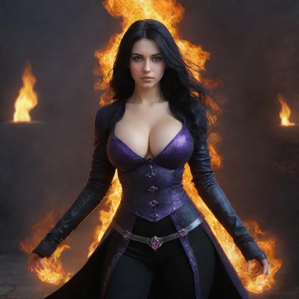 medieval beatifull, bigb boobs, sexy full body, black hair girl with purple eyes with fire aura behind, 23 years old, she is a piro controler, black clothes, sexy, piromancer, in ocation place, charmOfTheRealm, digital art, high detailed