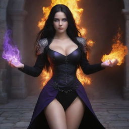 medieval beatifull, bigb boobs, sexy full body, black hair girl with purple eyes with fire aura behind, 23 years old, she is a piro controler, black clothes, sexy, piromancer, in ocation place, charmOfTheRealm, digital art, high detailed