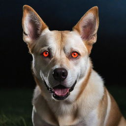 Modify the previous image to portray the dog with glowing, red eyes to accentuate its intimidating appearance