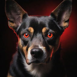 Modify the previous image to portray the dog with glowing, red eyes to accentuate its intimidating appearance