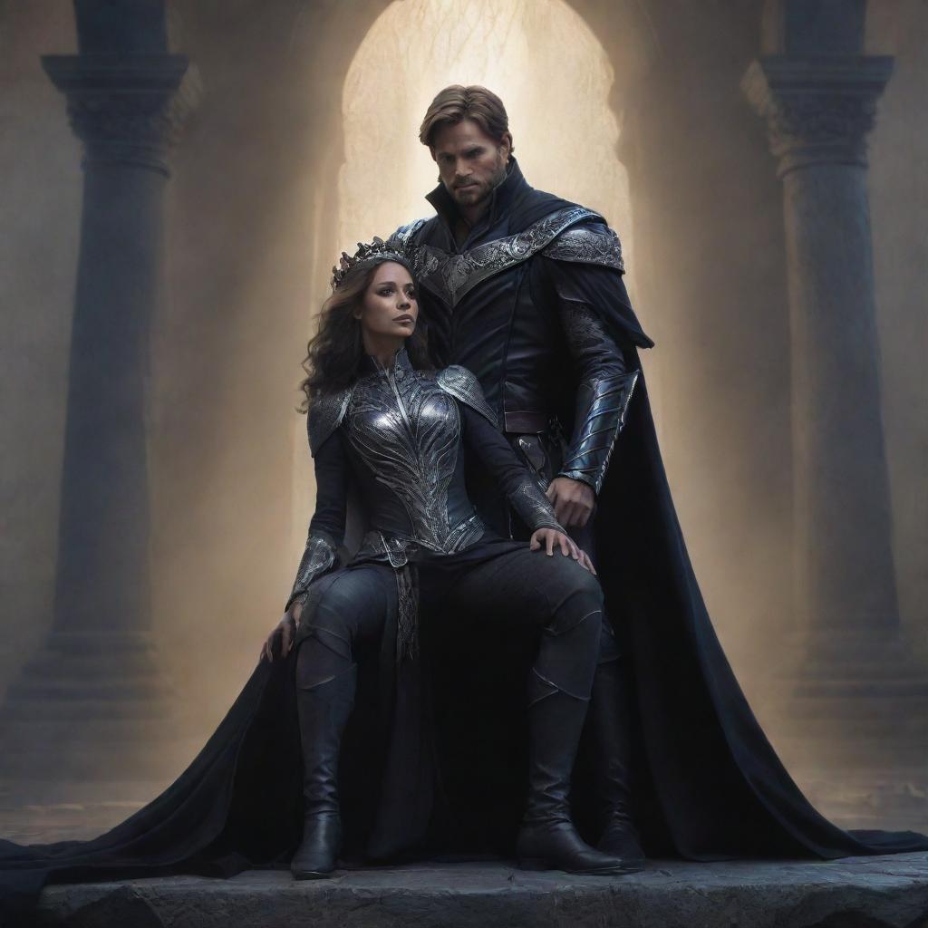 A depiction of a struggling kingdom with Prince Alaric visibly leaning on Elara for support. Imagery reflects the weight of royal responsibilities casting a dark shadow on their friendship. Culminates with suggestive symbols of a daring proclamation.