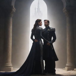 A depiction of a struggling kingdom with Prince Alaric visibly leaning on Elara for support. Imagery reflects the weight of royal responsibilities casting a dark shadow on their friendship. Culminates with suggestive symbols of a daring proclamation.