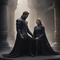 A depiction of a struggling kingdom with Prince Alaric visibly leaning on Elara for support. Imagery reflects the weight of royal responsibilities casting a dark shadow on their friendship. Culminates with suggestive symbols of a daring proclamation.