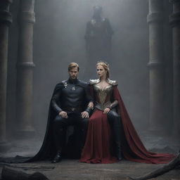 A depiction of a struggling kingdom with Prince Alaric visibly leaning on Elara for support. Imagery reflects the weight of royal responsibilities casting a dark shadow on their friendship. Culminates with suggestive symbols of a daring proclamation.