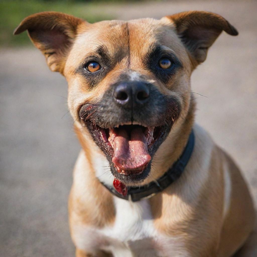 Alter the previous image to show the dog with a savage expression, blood smeared around its mouth, and a wild, fierce look in its eyes