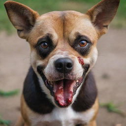 Alter the previous image to show the dog with a savage expression, blood smeared around its mouth, and a wild, fierce look in its eyes