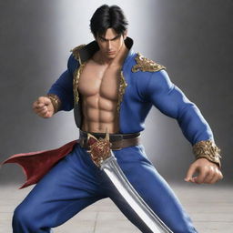 Jin Kazama from Tekken, brandishing a sword, adorned in a Vice Admiral attire from anime One Piece.