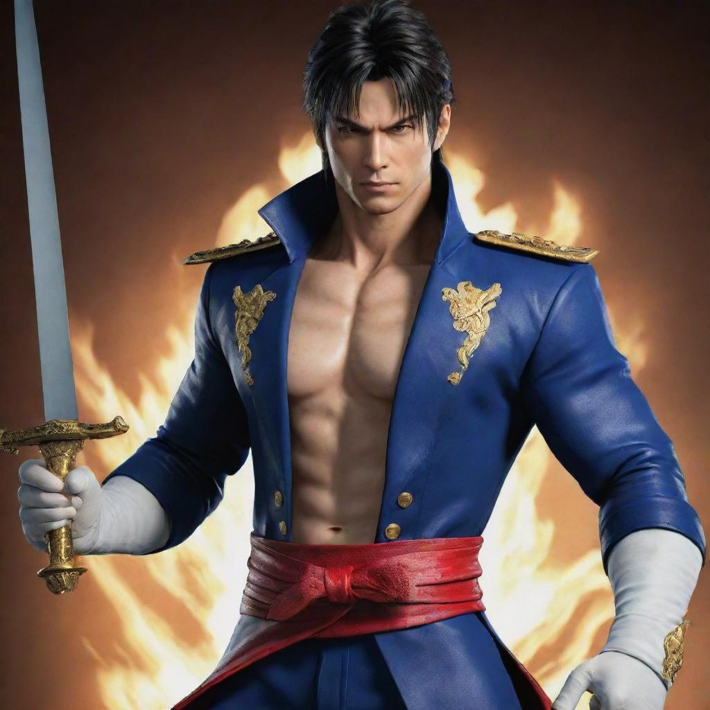 Jin Kazama from Tekken, brandishing a sword, adorned in a Vice Admiral attire from anime One Piece.