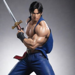 Jin Kazama from Tekken, brandishing a sword, adorned in a Vice Admiral attire from anime One Piece.