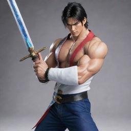 Jin Kazama from Tekken, brandishing a sword, adorned in a Vice Admiral attire from anime One Piece.