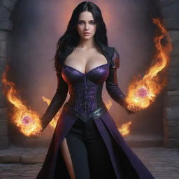 medieval beatifull, bigb boobs, sexy full body, black hair girl with purple eyes with fire aura behind, 23 years old, she is a piro controler, black clothes, sexy, piromancer, in ocation place, charmOfTheRealm, digital art, high detailed