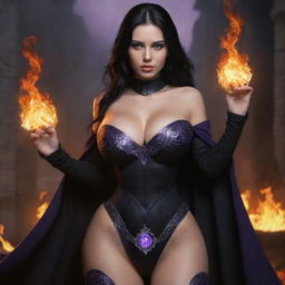 medieval beatifull, bigb boobs, sexy full body, black hair girl with purple eyes with fire aura behind, 23 years old, she is a piro controler, black clothes, sexy, piromancer, in ocation place, charmOfTheRealm, digital art, high detailed