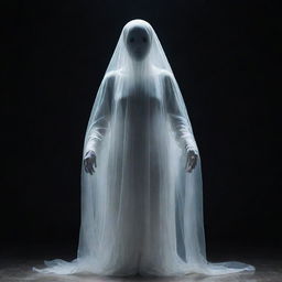 An ethereal representation of a ghost, translucent and hovering, in a dimly lit, spooky setting