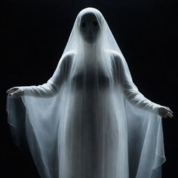 An ethereal representation of a ghost, translucent and hovering, in a dimly lit, spooky setting