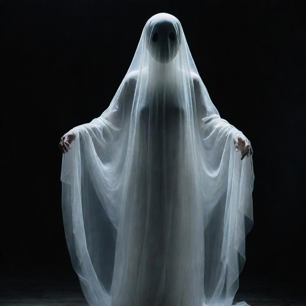 An ethereal representation of a ghost, translucent and hovering, in a dimly lit, spooky setting