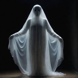 An ethereal representation of a ghost, translucent and hovering, in a dimly lit, spooky setting