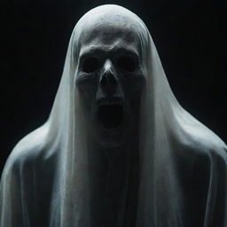 Increase the fear factor in the previous ghost image, making it look more intimidating and menacing with a more grotesque, terrifying form