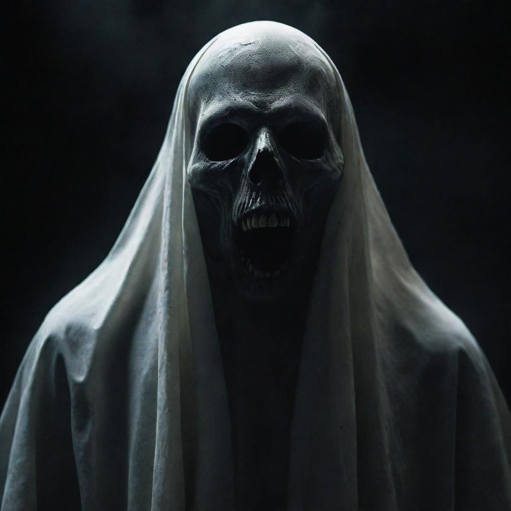 Increase the fear factor in the previous ghost image, making it look more intimidating and menacing with a more grotesque, terrifying form