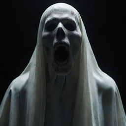 Increase the fear factor in the previous ghost image, making it look more intimidating and menacing with a more grotesque, terrifying form