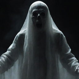 Increase the fear factor in the previous ghost image, making it look more intimidating and menacing with a more grotesque, terrifying form