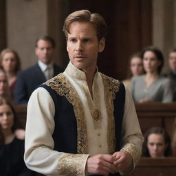 Prince Alaric, boldly declaring his intention to marry Elara within the court. Capture the shocked reactions of advisors and courtiers to emphasize societal disapproval. Finally, illustrate the ensuing conflict and its peaceful resolution.