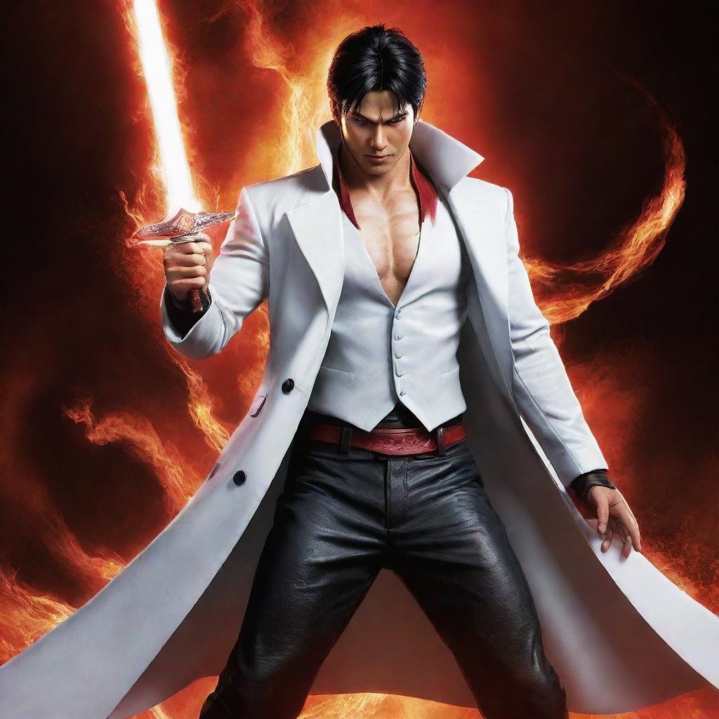 Jin Kazama from Tekken, wearing a striking white long coat, with a sword in hand, surrounded by vibrant red lightning.