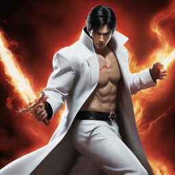 Jin Kazama from Tekken, wearing a striking white long coat, with a sword in hand, surrounded by vibrant red lightning.