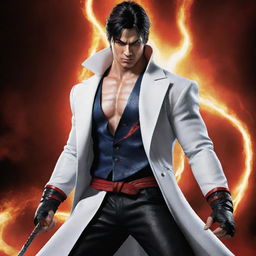 Jin Kazama from Tekken, wearing a striking white long coat, with a sword in hand, surrounded by vibrant red lightning.