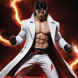 Jin Kazama from Tekken, wearing a striking white long coat, with a sword in hand, surrounded by vibrant red lightning.