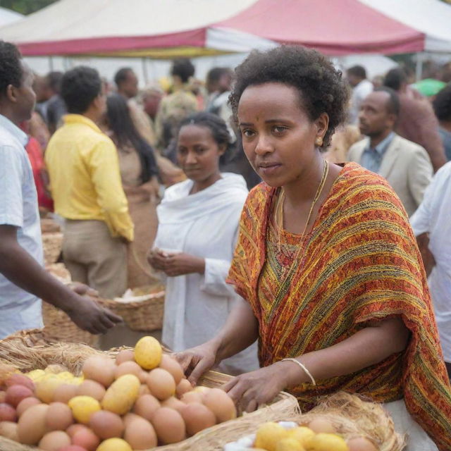 A vibrant Ethiopian Easter shopping festival at an exhibition center, bustling with people, diverse stalls selling traditional Ethiopian goods and delicacies, with festive decorations and a celebratory ambiance.