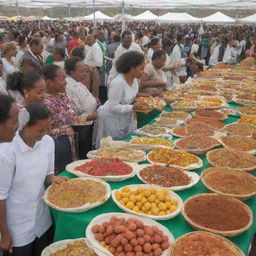 A vibrant Ethiopian Easter shopping festival at an exhibition center, bustling with people, diverse stalls selling traditional Ethiopian goods and delicacies, with festive decorations and a celebratory ambiance.