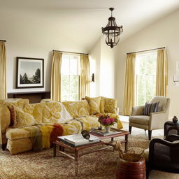 Alter the colorscheme of an existing living room, maintaining the original configuration and decor.