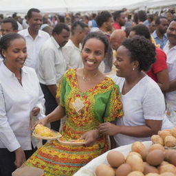 A vibrant Ethiopian Easter shopping festival at an exhibition center, bustling with people, diverse stalls selling traditional Ethiopian goods and delicacies, with festive decorations and a celebratory ambiance.