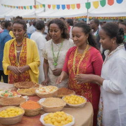 A vibrant Ethiopian Easter shopping festival at an exhibition center, bustling with people, diverse stalls selling traditional Ethiopian goods and delicacies, with festive decorations and a celebratory ambiance.