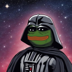 A high-quality digital art image of Pepe the Frog dressed as Darth Vader against a starry space backdrop