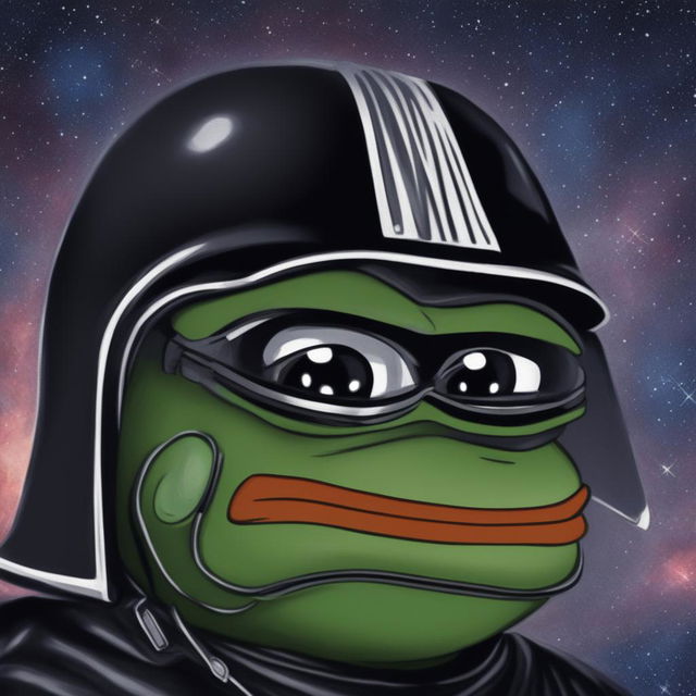 A high-quality digital art image of Pepe the Frog dressed as Darth Vader against a starry space backdrop