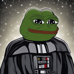 A high-quality digital art image of Pepe the Frog dressed as Darth Vader against a starry space backdrop