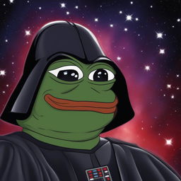 A high-quality digital art image of Pepe the Frog dressed as Darth Vader against a starry space backdrop