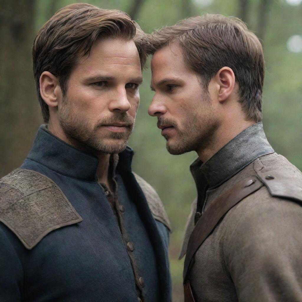 Prince Alaric, torn between duty and love, engaged in a deep internal conflict. Beside him, his significant other, displaying unwavering determination, challenging societal norms. The scene culminates with triumphant symbols of their love prevailing against all odds.