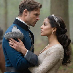 Prince Alaric, torn between duty and love, engaged in a deep internal conflict. Beside him, his significant other, displaying unwavering determination, challenging societal norms. The scene culminates with triumphant symbols of their love prevailing against all odds.