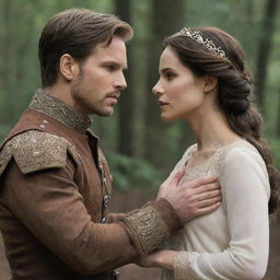 Prince Alaric, torn between duty and love, engaged in a deep internal conflict. Beside him, his significant other, displaying unwavering determination, challenging societal norms. The scene culminates with triumphant symbols of their love prevailing against all odds.