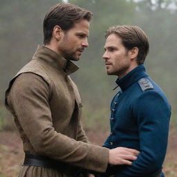 Prince Alaric, torn between duty and love, engaged in a deep internal conflict. Beside him, his significant other, displaying unwavering determination, challenging societal norms. The scene culminates with triumphant symbols of their love prevailing against all odds.