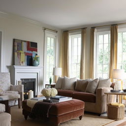 Alter the colorscheme of an existing living room, maintaining the original configuration and decor.