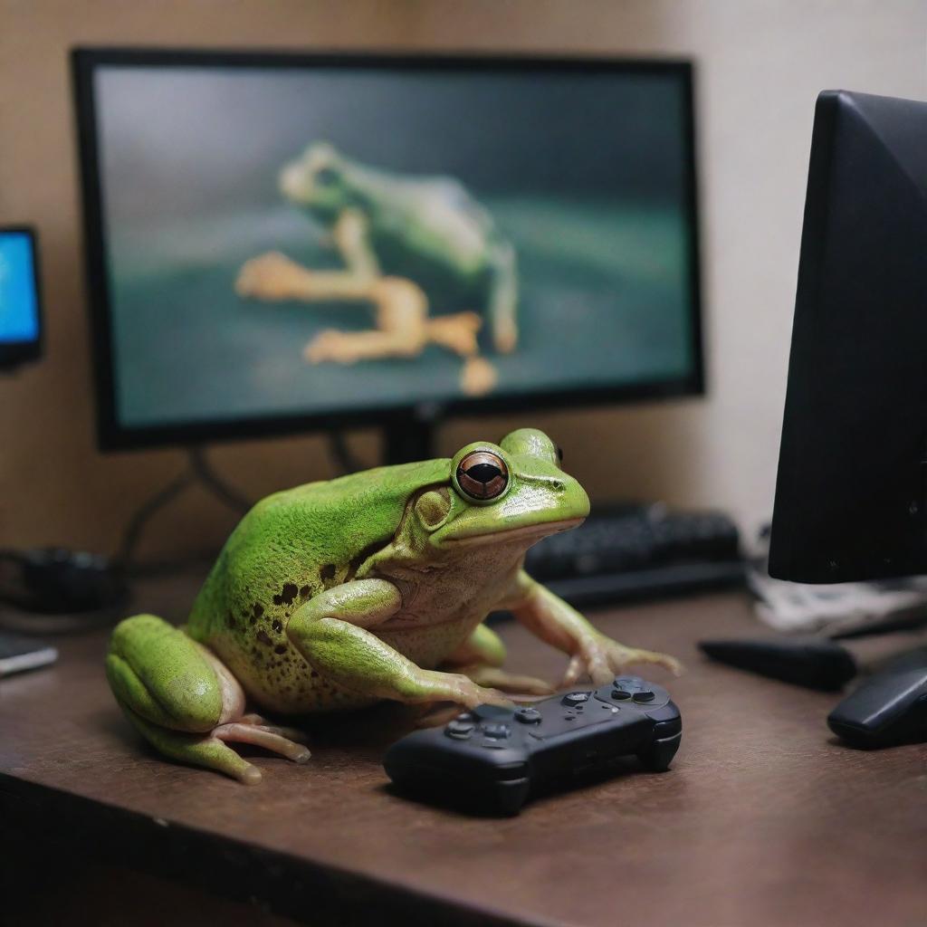 A frog playing the video game Free Fire on a complete gaming setup