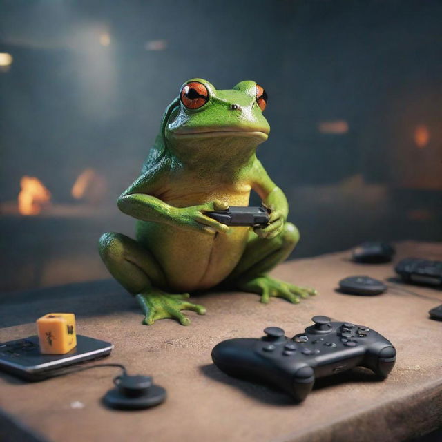 A frog playing the video game Free Fire on a complete gaming setup