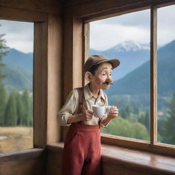 Generate an image of a weary Pinocchio standing by a window, gazing at a landscape of trees and mountains. He holds a cup of coffee in one hand and stirs it with a spoon in the other.