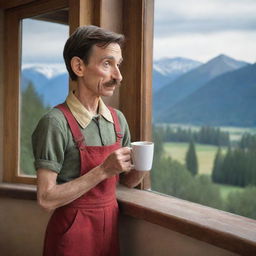 Generate an image of a weary Pinocchio standing by a window, gazing at a landscape of trees and mountains. He holds a cup of coffee in one hand and stirs it with a spoon in the other.