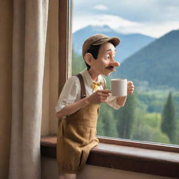 Generate an image of a weary Pinocchio standing by a window, gazing at a landscape of trees and mountains. He holds a cup of coffee in one hand and stirs it with a spoon in the other.